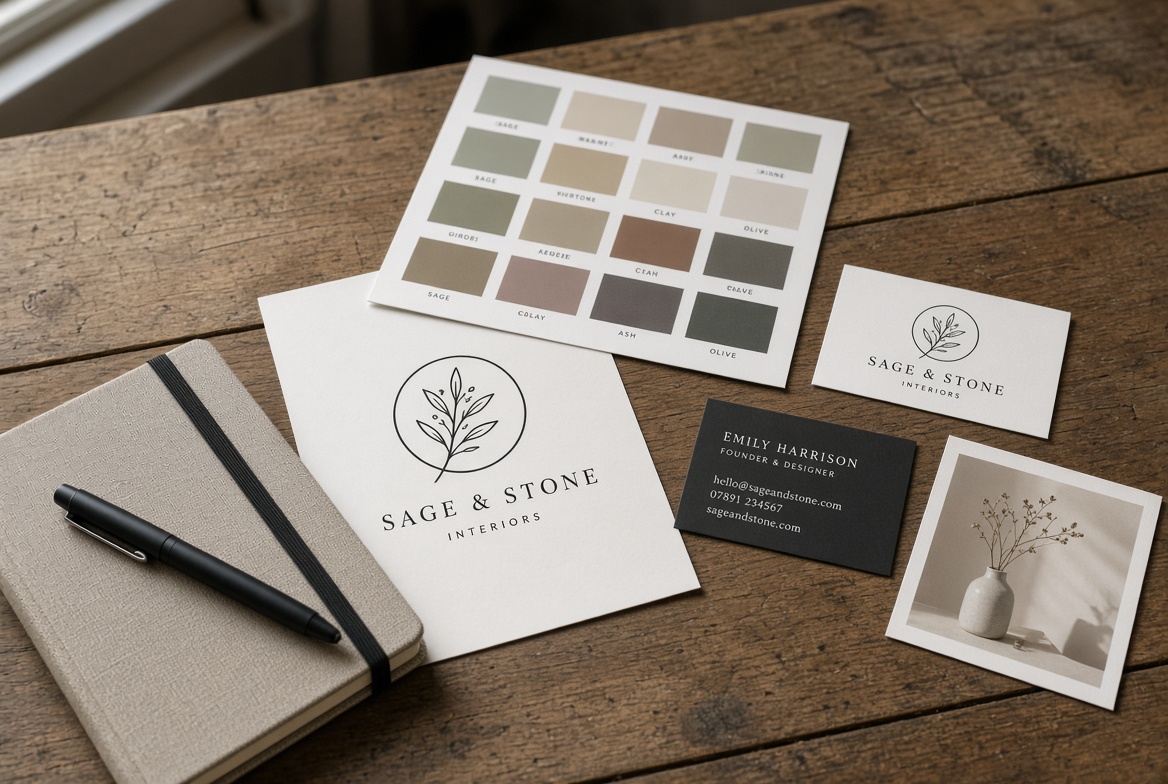Brand identity mockup with logo, colour palette and business cards