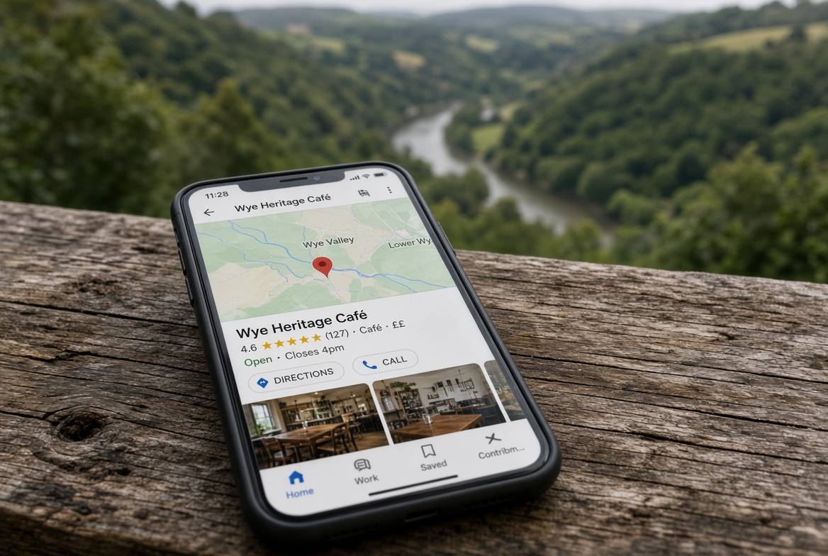 A Google Business Profile listing shown on a phone overlooking a UK town