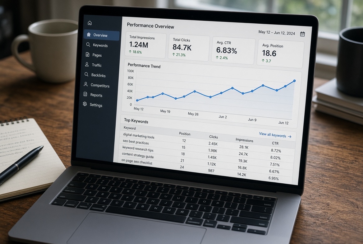 An SEO performance dashboard showing traffic and keyword rankings